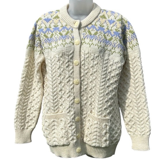 Aran Crafts Sweaters - ARAN CRAFTS Womens Size M Merino Wool Cream Fair Isle Chunky Cable Knit Cardigan